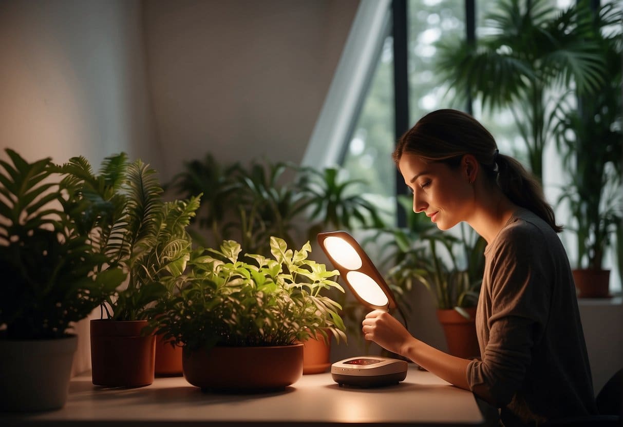 A room with a red light therapy device, surrounded by plants and natural light, with a person adjusting the settings