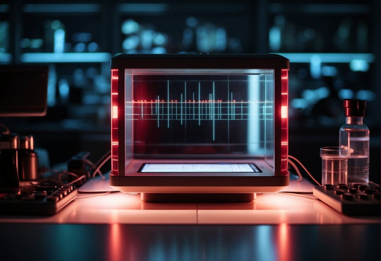 A lab with red light therapy equipment, research papers, and data charts