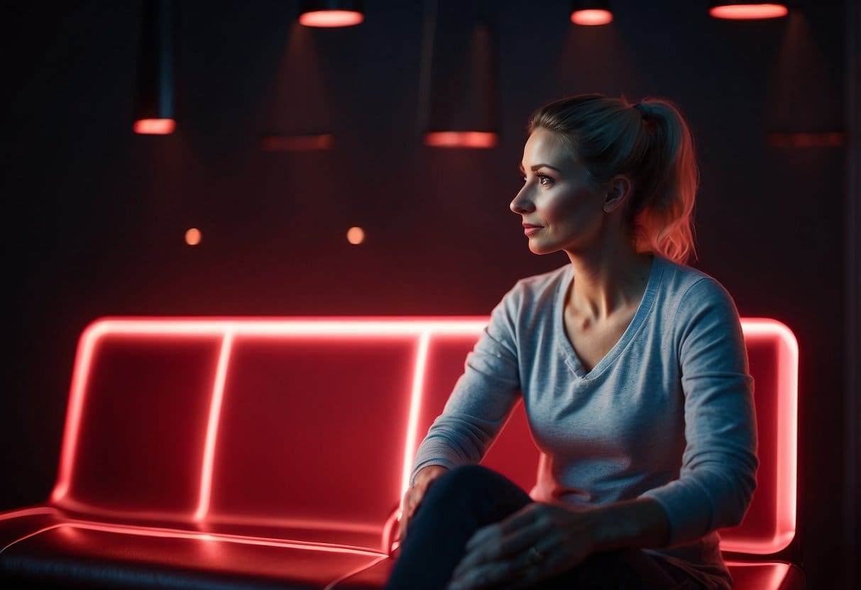 A person sitting under red light therapy for varicose veins