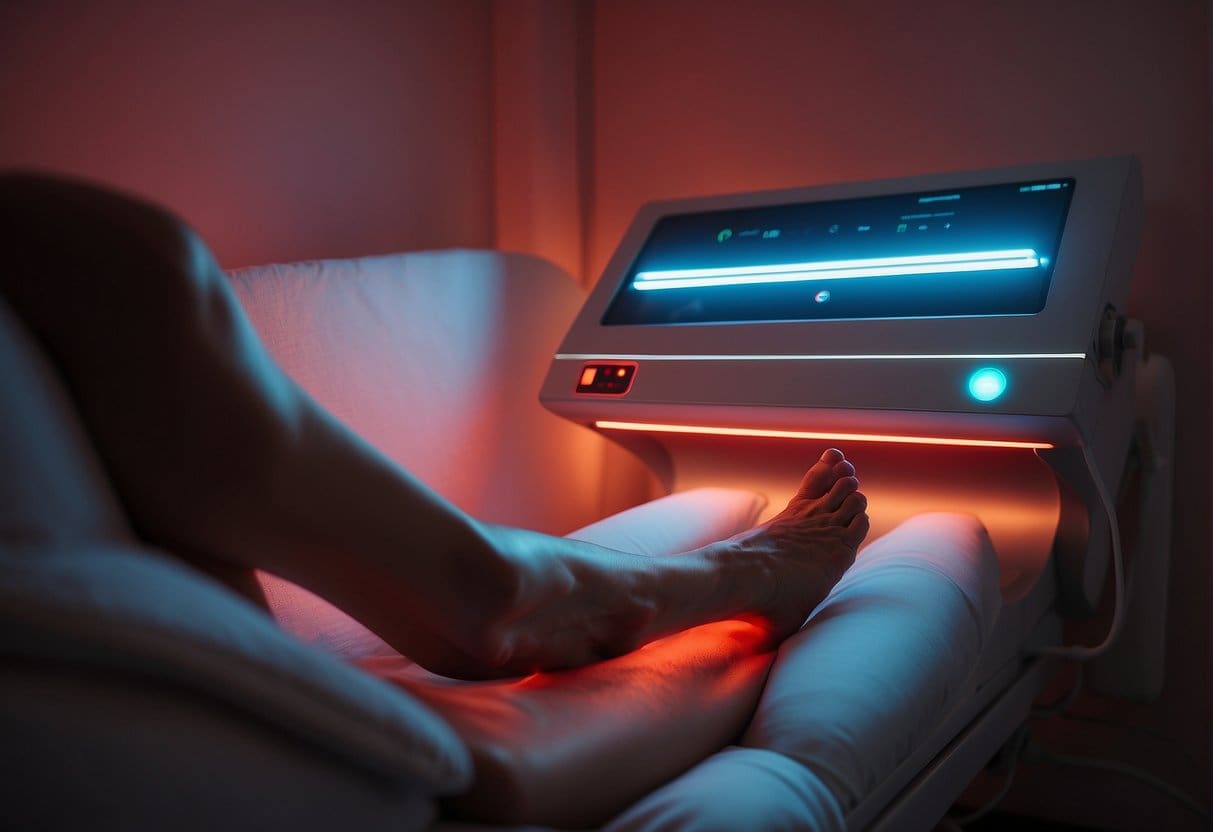 A room with a red light therapy machine targeting a pair of varicose veins on a leg