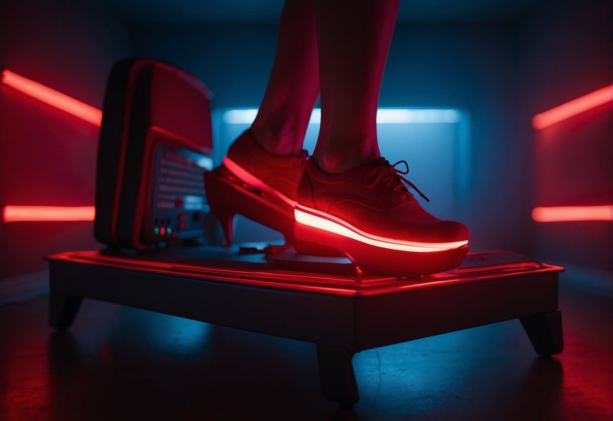 A dimly lit room with a red glow, a person's legs elevated, and a red light therapy device positioned near the varicose veins