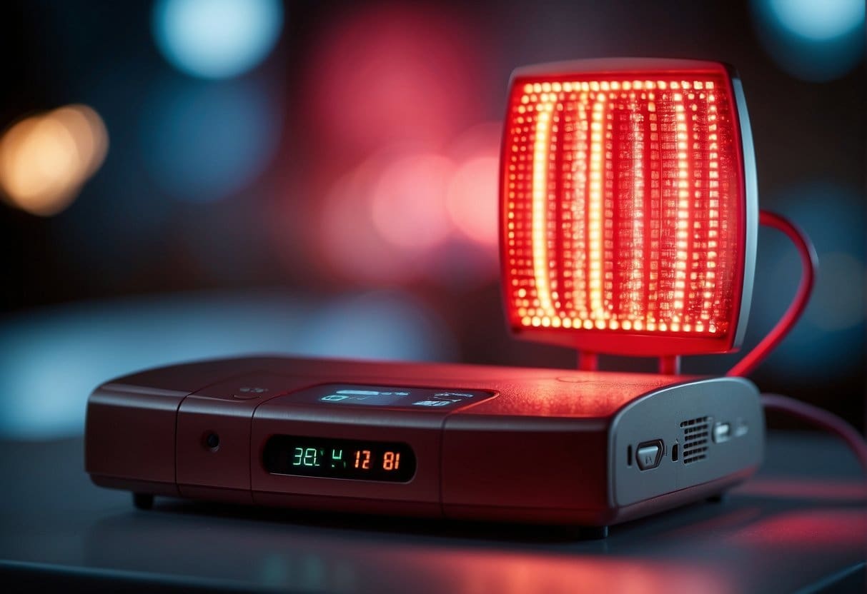 A red light therapy device emits light onto inflamed tissue, adhering to regulatory guidelines