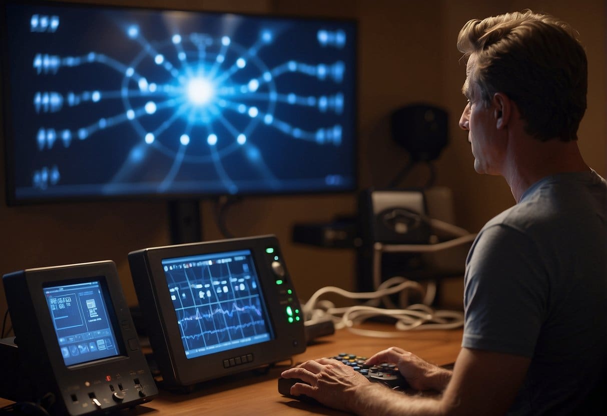 A room with a PEMF therapy device emitting electromagnetic pulses, surrounded by various electronic equipment and a person's silhouette in the background