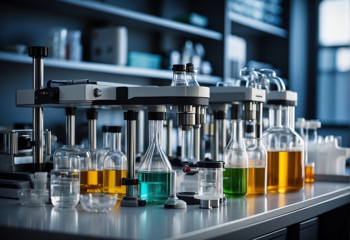 A lab bench with molecular hydrogen equipment and mental health research materials arranged for administration