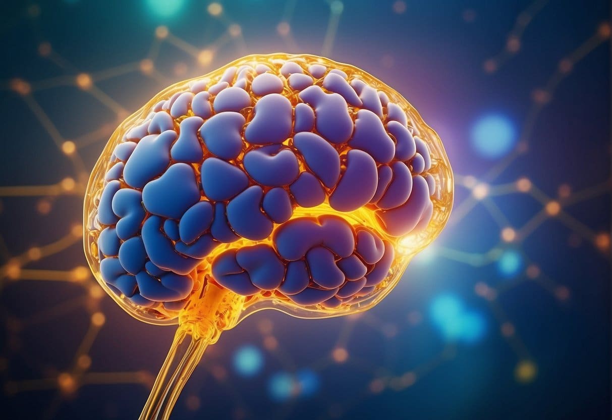 Molecular hydrogen bubbles surround a brain, symbolizing mental health research. Bright colors and futuristic elements add a sense of progress and innovation