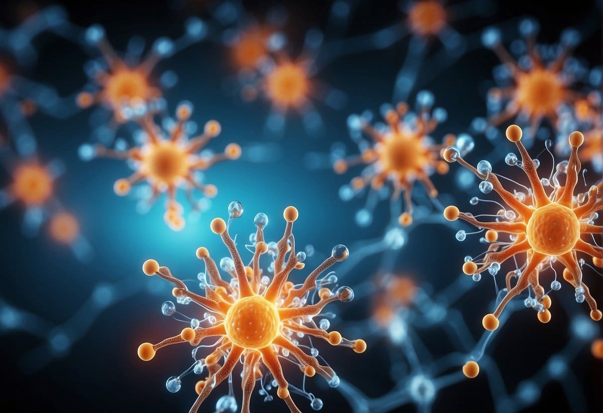 Molecular hydrogen molecules interacting with brain cells, emitting a calming and healing energy