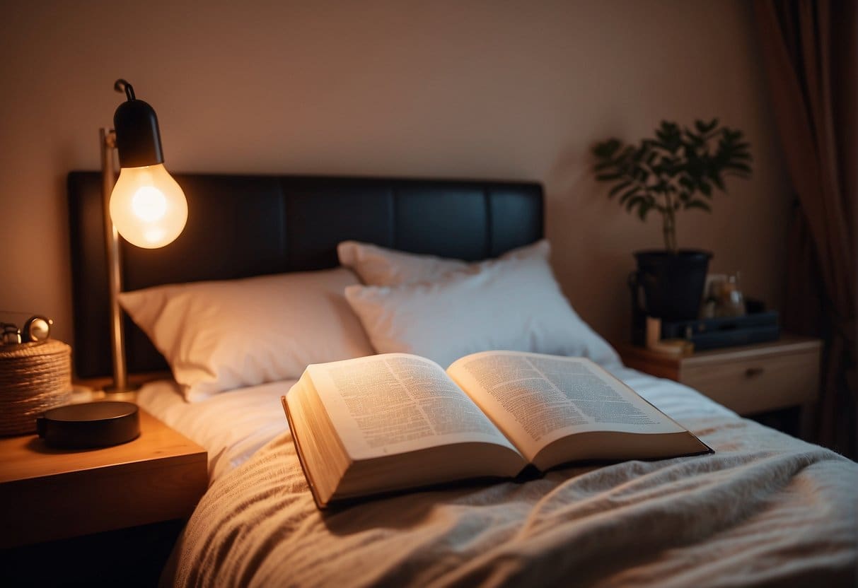 A person lying in bed, surrounded by soft, warm lighting. A book on red light therapy sits on the bedside table