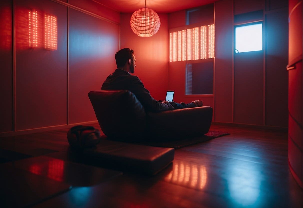 A person sitting under a red light therapy lamp, surrounded by a calm and peaceful environment