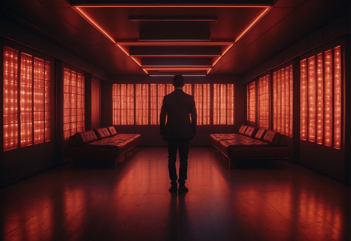 A futuristic room with red light panels targeting a person's energy levels, symbolizing the potential of Red Light Therapy for chronic fatigue