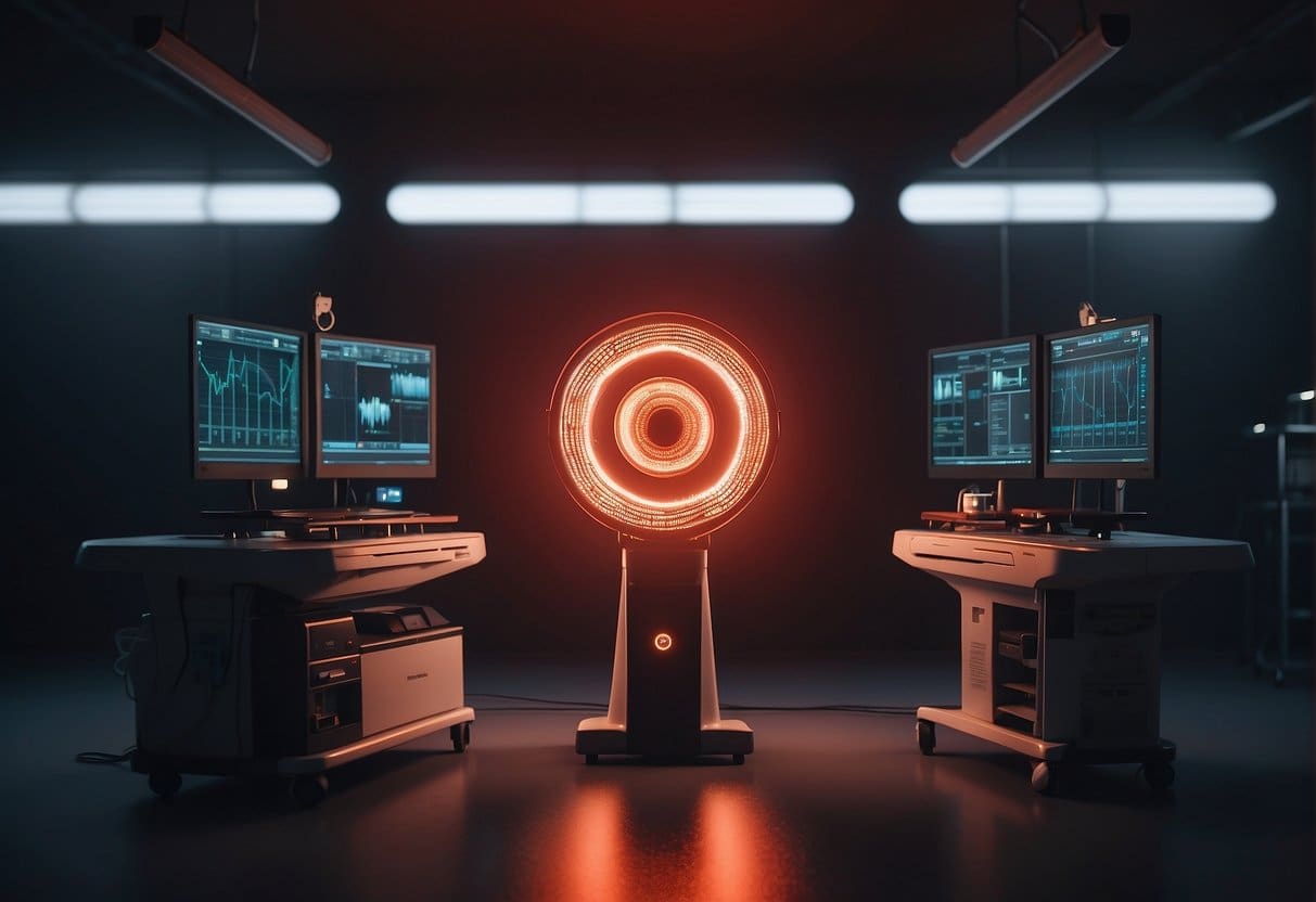 A glowing red light targets an inflamed area, surrounded by medical equipment and soothing surroundings