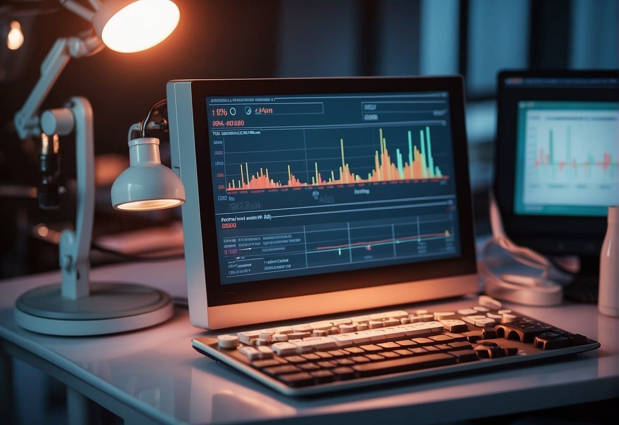 A lab setting with red light therapy equipment and scientific research materials. Charts and graphs show anti-aging study findings