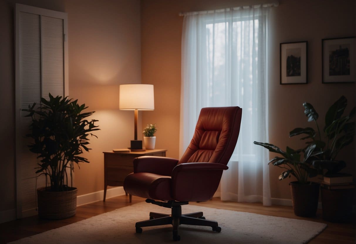 A serene, dimly lit room with a red light therapy device positioned near a comfortable chair. Soft music plays in the background, creating a peaceful atmosphere for the therapy session