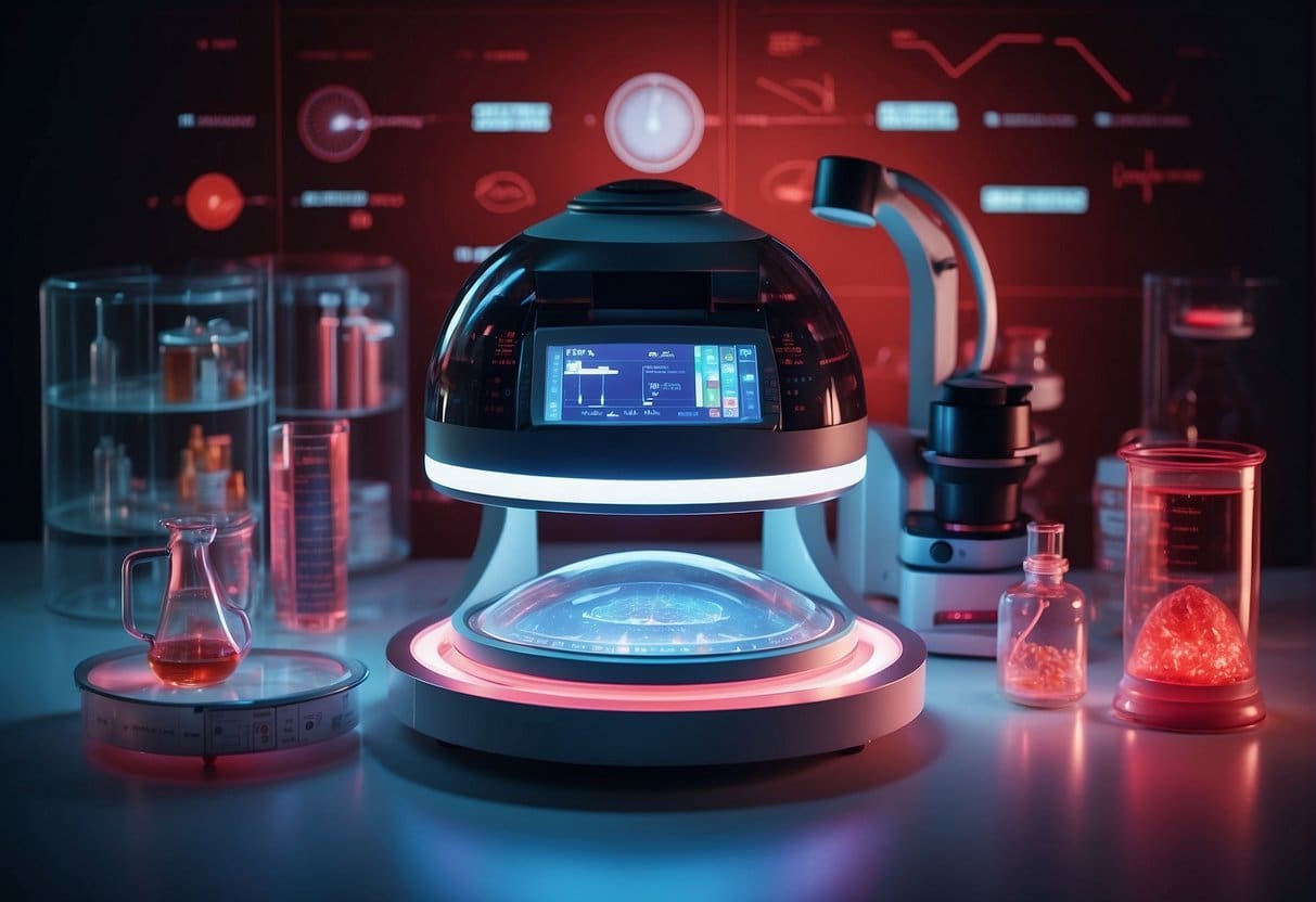 A futuristic laboratory with red light therapy equipment and scientific research materials, surrounded by charts and graphs showcasing anti-aging findings