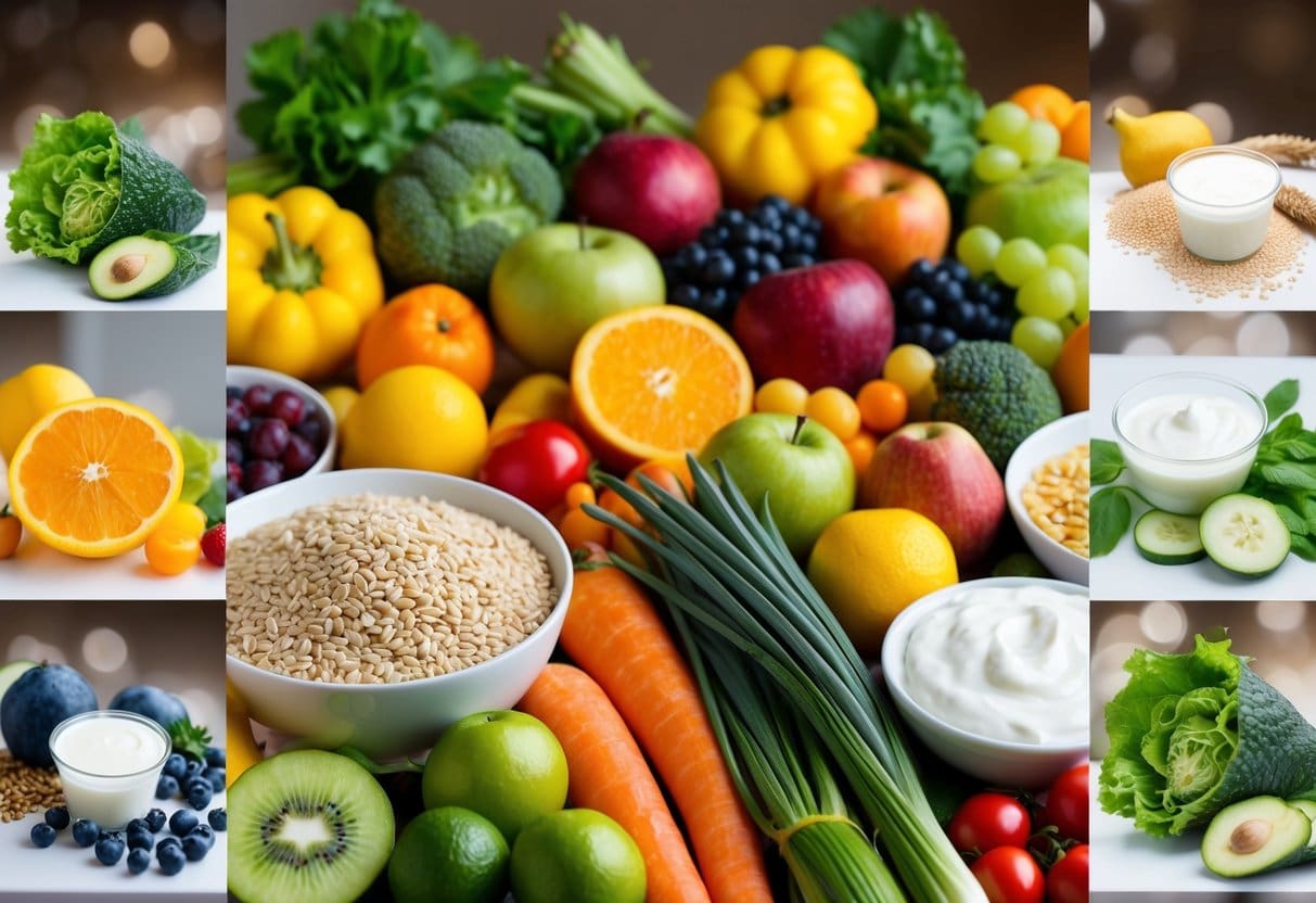 A variety of fruits, vegetables, and whole grains arranged in a colorful and appealing display, surrounded by images of probiotic-rich foods like yogurt and kefir