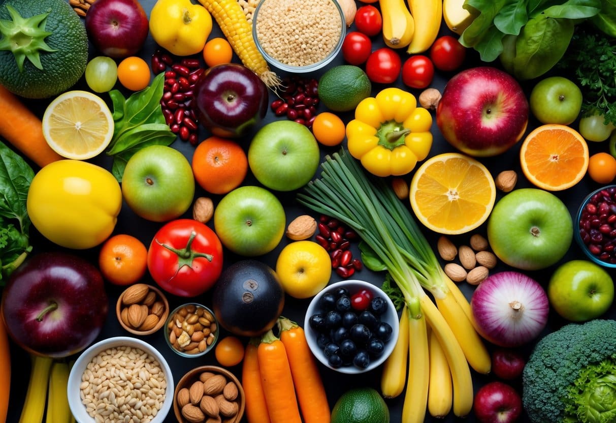 A variety of colorful fruits, vegetables, whole grains, and nuts arranged in a vibrant and diverse composition