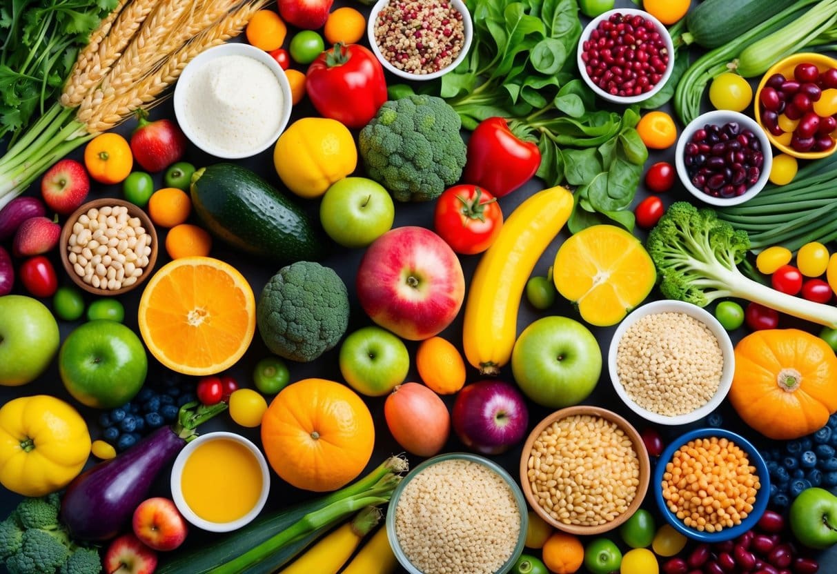 A colorful array of fruits, vegetables, whole grains, and legumes, surrounded by a vibrant assortment of gut-healthy nutrients
