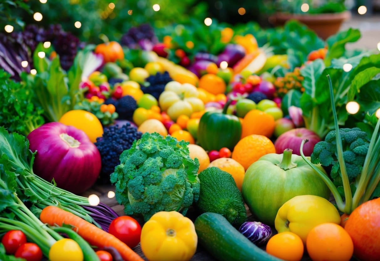 A vibrant garden of colorful, diverse fruits and vegetables, surrounded by friendly, smiling bacteria and microbes