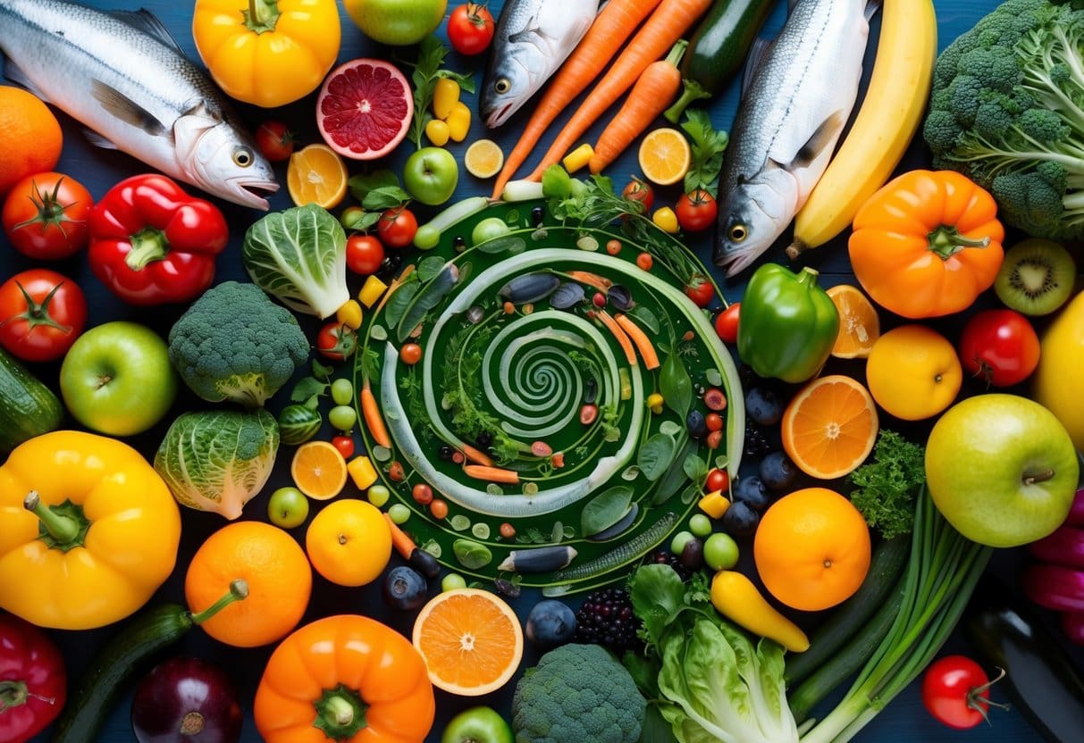 A vibrant assortment of colorful fruits, vegetables, and fish, surrounded by swirling patterns representing inflammation and gut health