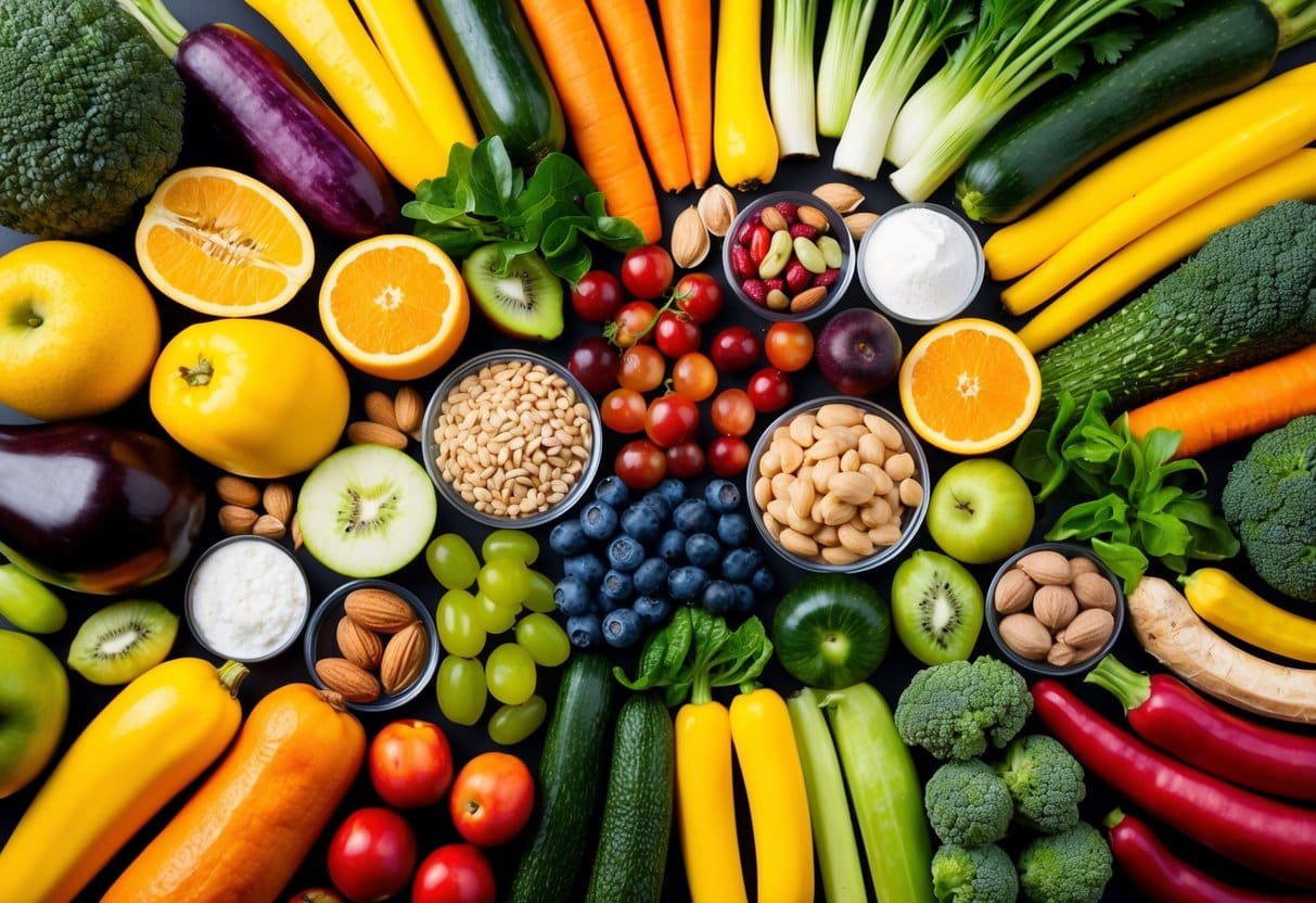 A colorful array of fruits, vegetables, nuts, and seeds arranged in a vibrant and appetizing composition