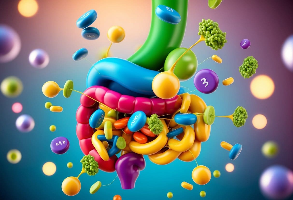 A vibrant illustration of a healthy gut with various digestive enzymes and nutrients surrounding a prominent magnesium molecule