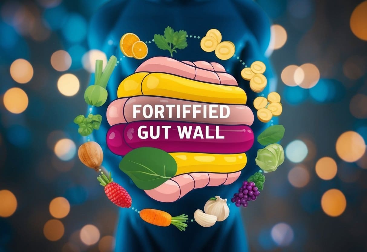 A colorful illustration of a fortified gut wall with zinc and 8 other nutrients surrounding it, symbolizing their role in gut health defense