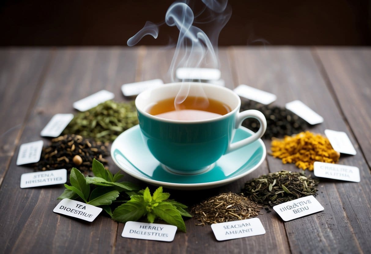 A variety of tea leaves and herbs arranged around a steaming cup, with labels indicating their digestive benefits