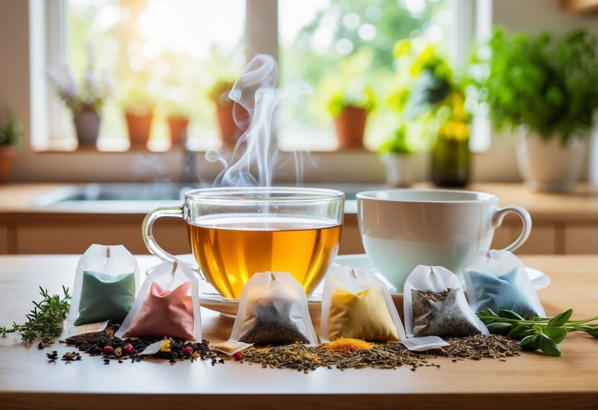 A peaceful kitchen table with a variety of colorful herbal tea bags and a steaming cup, surrounded by fresh herbs and a soothing atmosphere