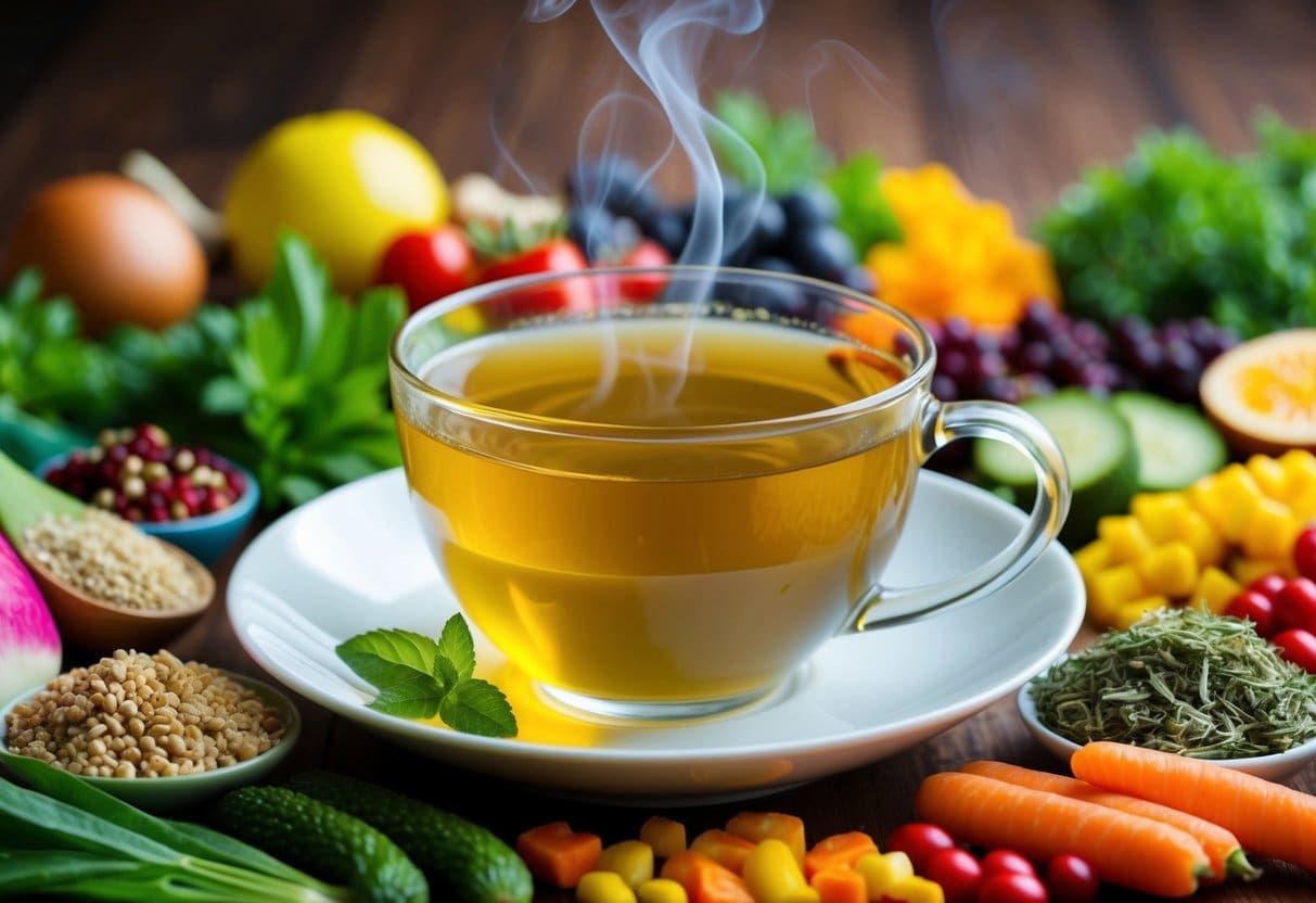 A steaming cup of herbal tea surrounded by a diverse array of colorful and vibrant gut-friendly foods