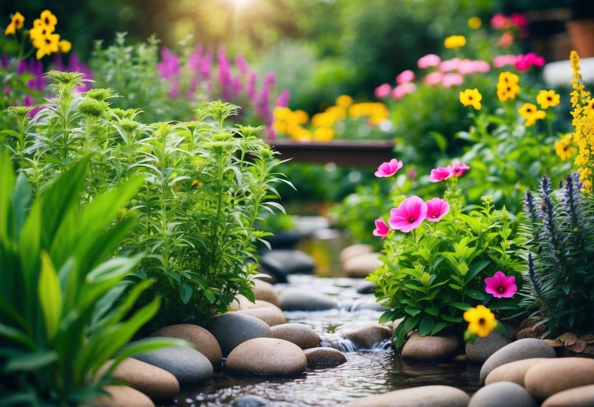 A serene garden with a variety of herbal tea plants surrounded by vibrant flowers and a peaceful stream, evoking a sense of tranquility and natural healing for gut health