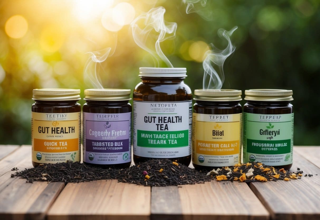 A variety of teas arranged on a wooden table, each labeled for specific targeted relief, with emphasis on gut health