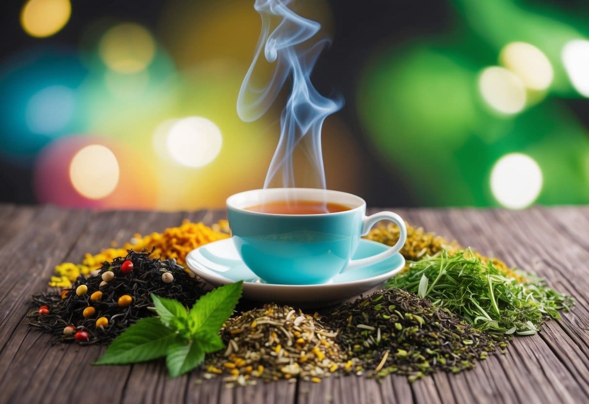 A variety of colorful tea leaves and herbs arranged around a steaming cup, with a backdrop of a healthy gut microbiome