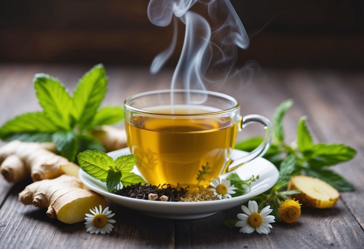 A steaming cup of herbal tea surrounded by fresh ingredients like ginger, peppermint, and chamomile, with a gentle steam rising from the mug