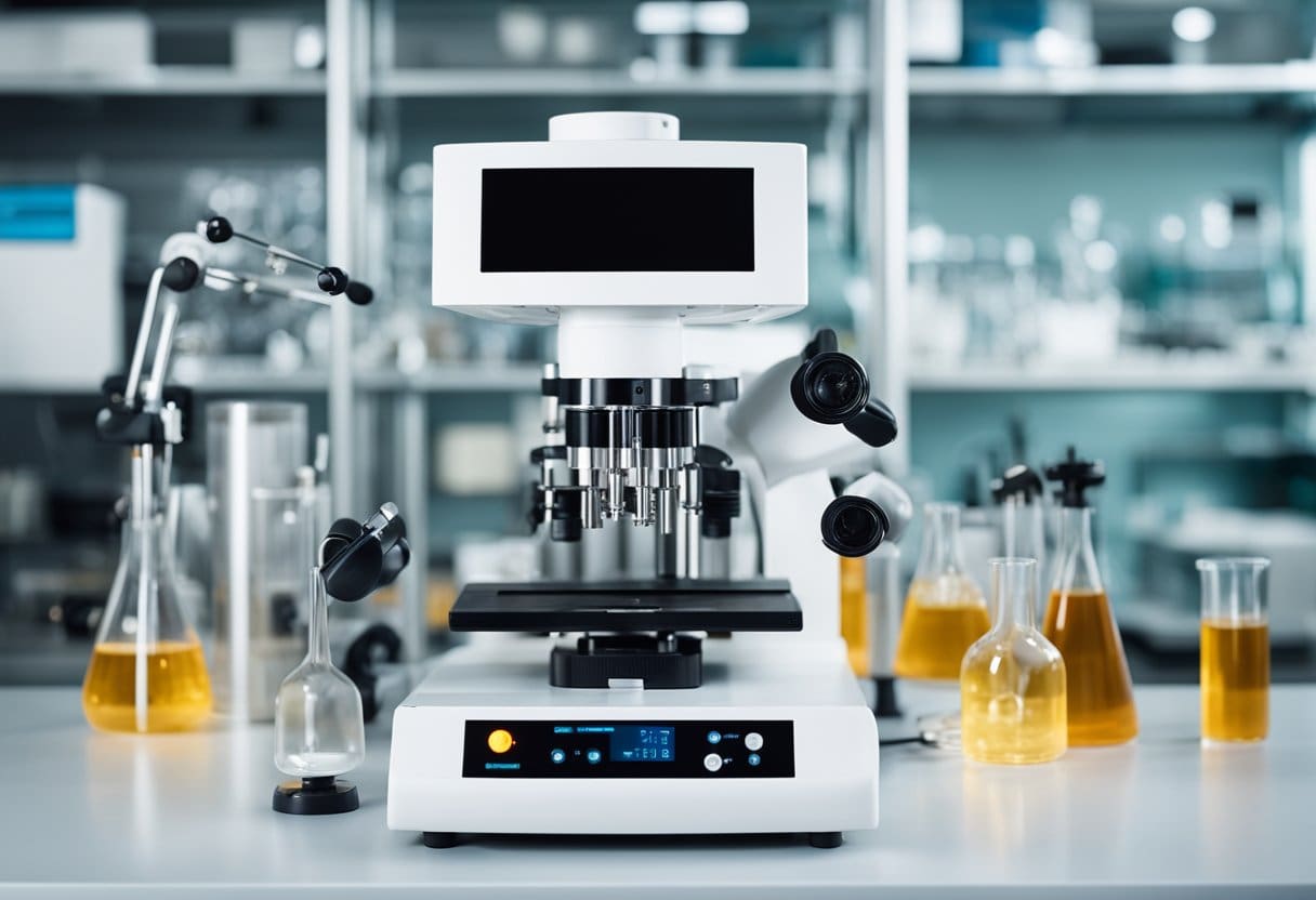 A laboratory setup with a PEMF device emitting electromagnetic fields, surrounded by scientific equipment and research materials
