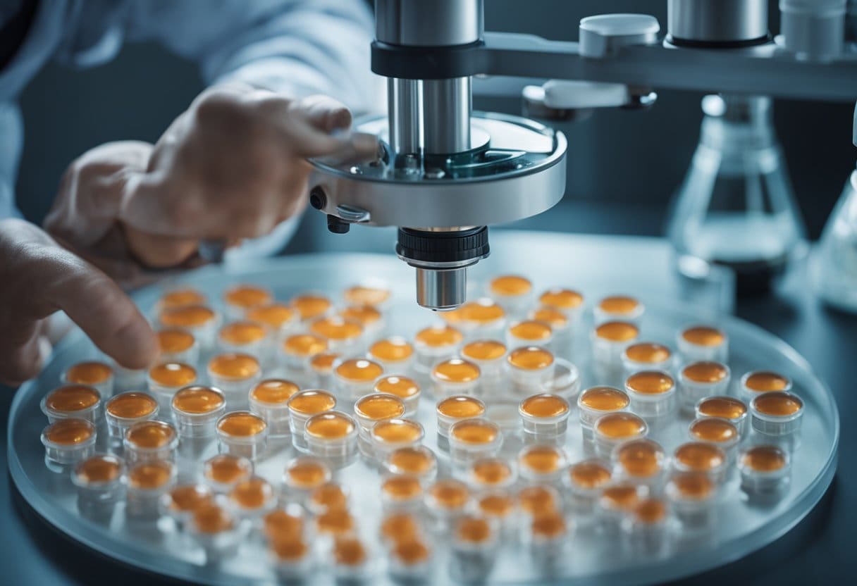 A scientist in a lab setting up a PEMF therapy machine next to cancer cells in a petri dish