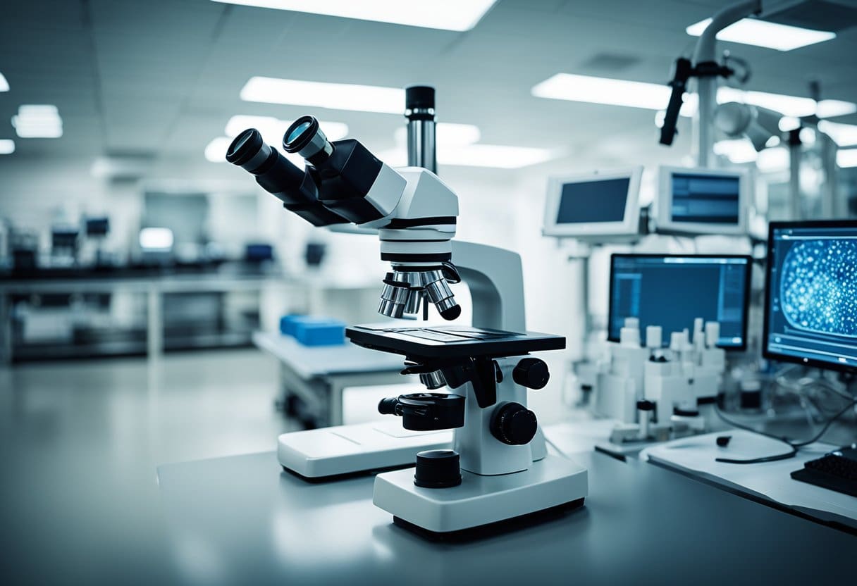 A lab setting with electromagnetic devices and cancer cells under a microscope for research on PEMF's potential impact on cancer