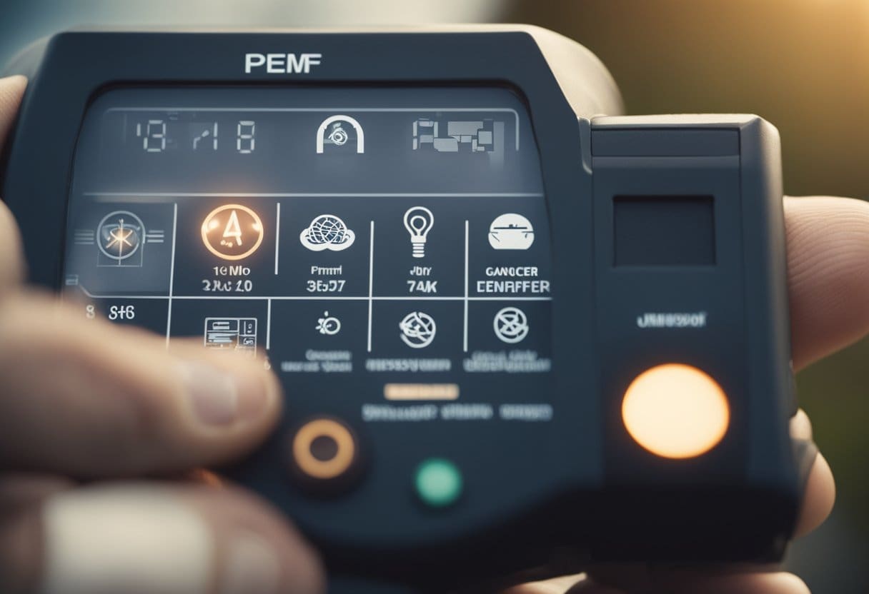 A person using a PEMF device with a cancer warning symbol in the background