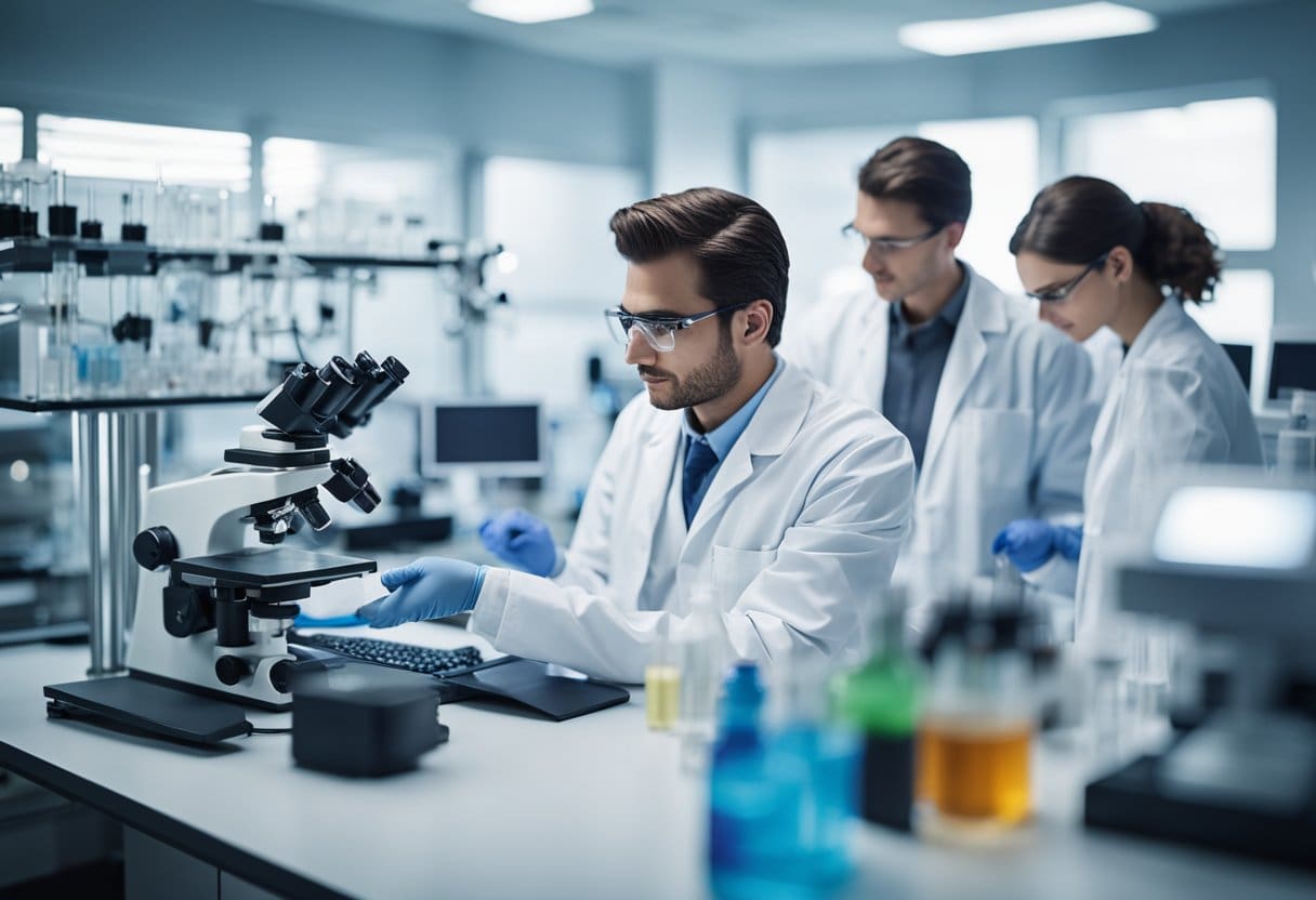 A laboratory setting with scientific equipment and a PEMF device, surrounded by researchers conducting experiments and analyzing data