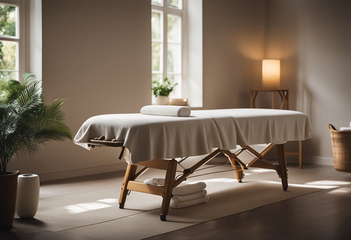 A serene room with a massage table surrounded by calming decor and soft lighting, creating a tranquil atmosphere for relaxation and rejuvenation