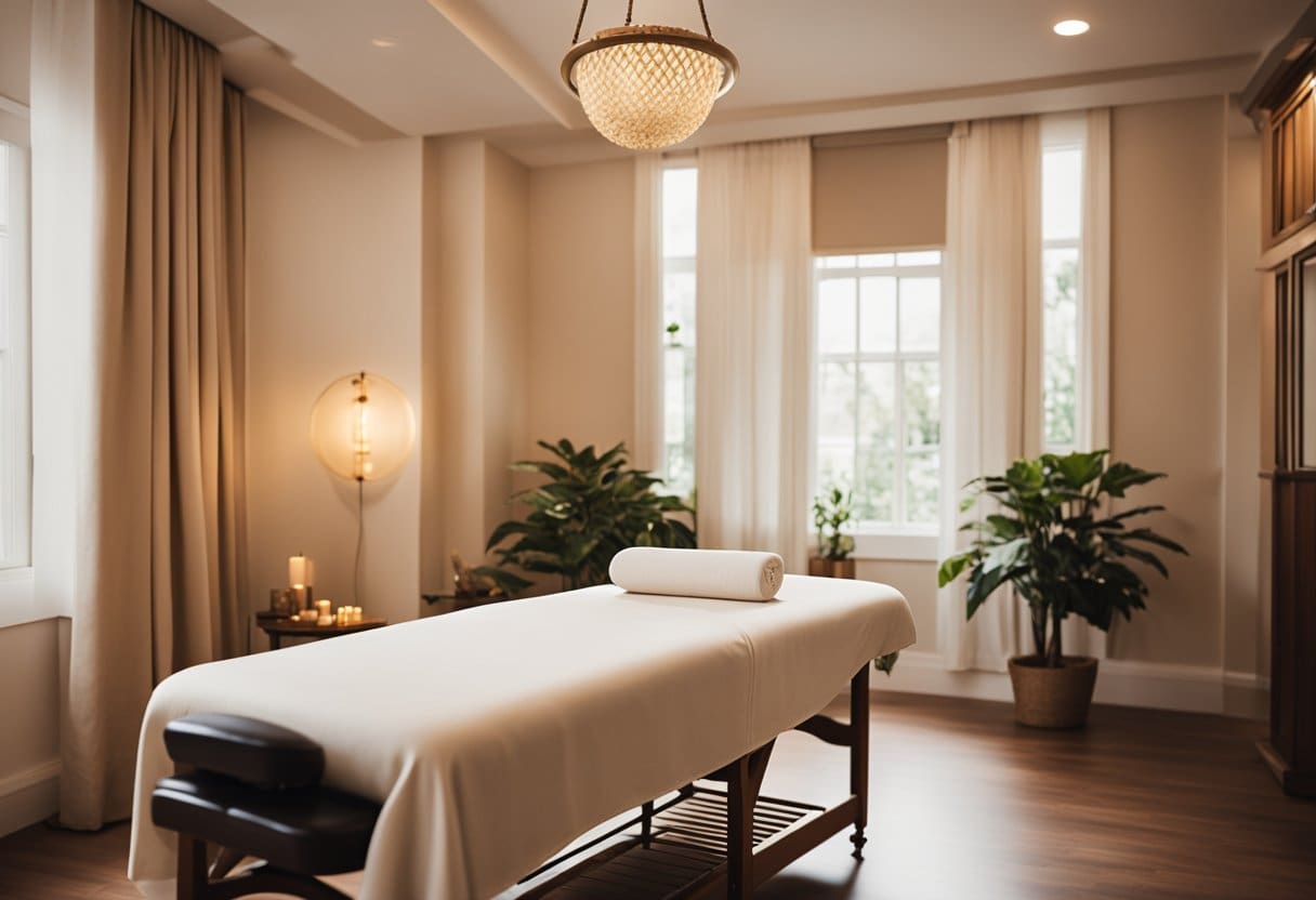 A serene massage room with a comfortable table, soft lighting, and soothing music, creating a peaceful atmosphere for relaxation and rejuvenation