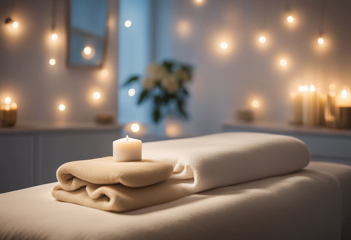 A serene treatment room with a massage table, soft lighting, and soothing decor. A therapist's hands are gently massaging the air above the table