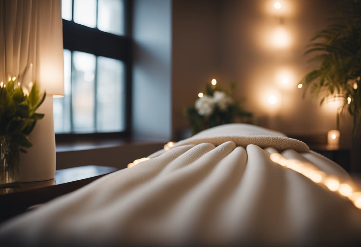 A serene massage room with a cozy atmosphere, soft lighting, and a comfortable massage table. A skilled massage therapist is providing a relaxing massage to a client