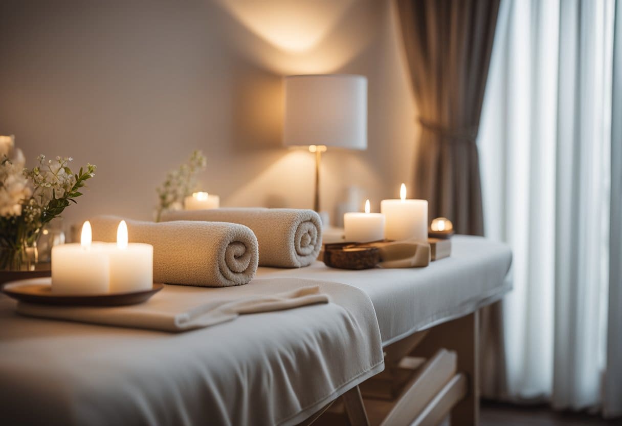 A serene massage therapy room with a comfortable table, soft lighting, and soothing decor