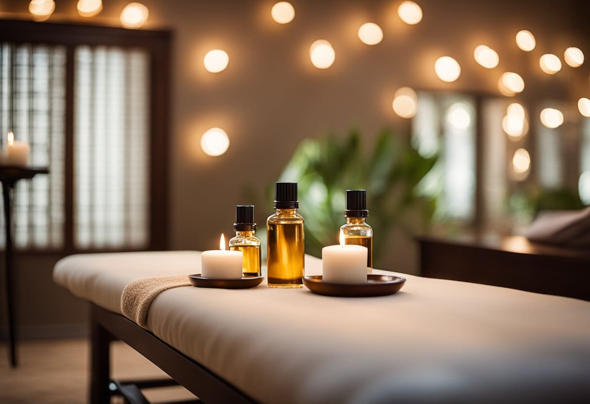 A serene massage therapy room with a massage table, soft lighting, soothing music, and aromatic oils