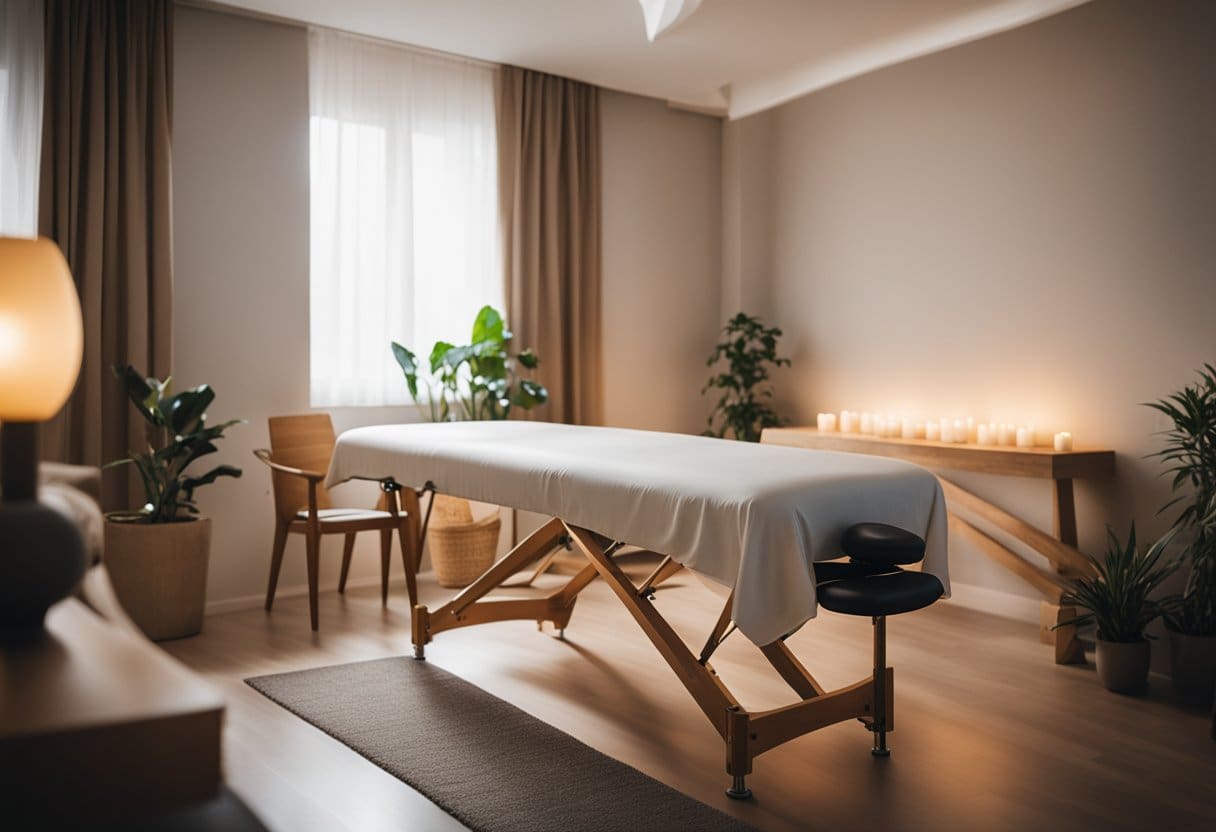 A serene massage room with soft lighting, a comfortable massage table, and soothing music playing in the background