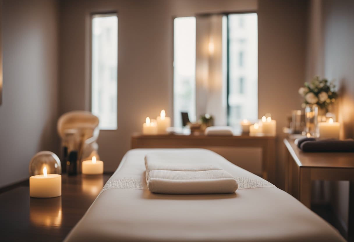 A serene massage room with soft lighting, a comfortable massage table, and soothing background music