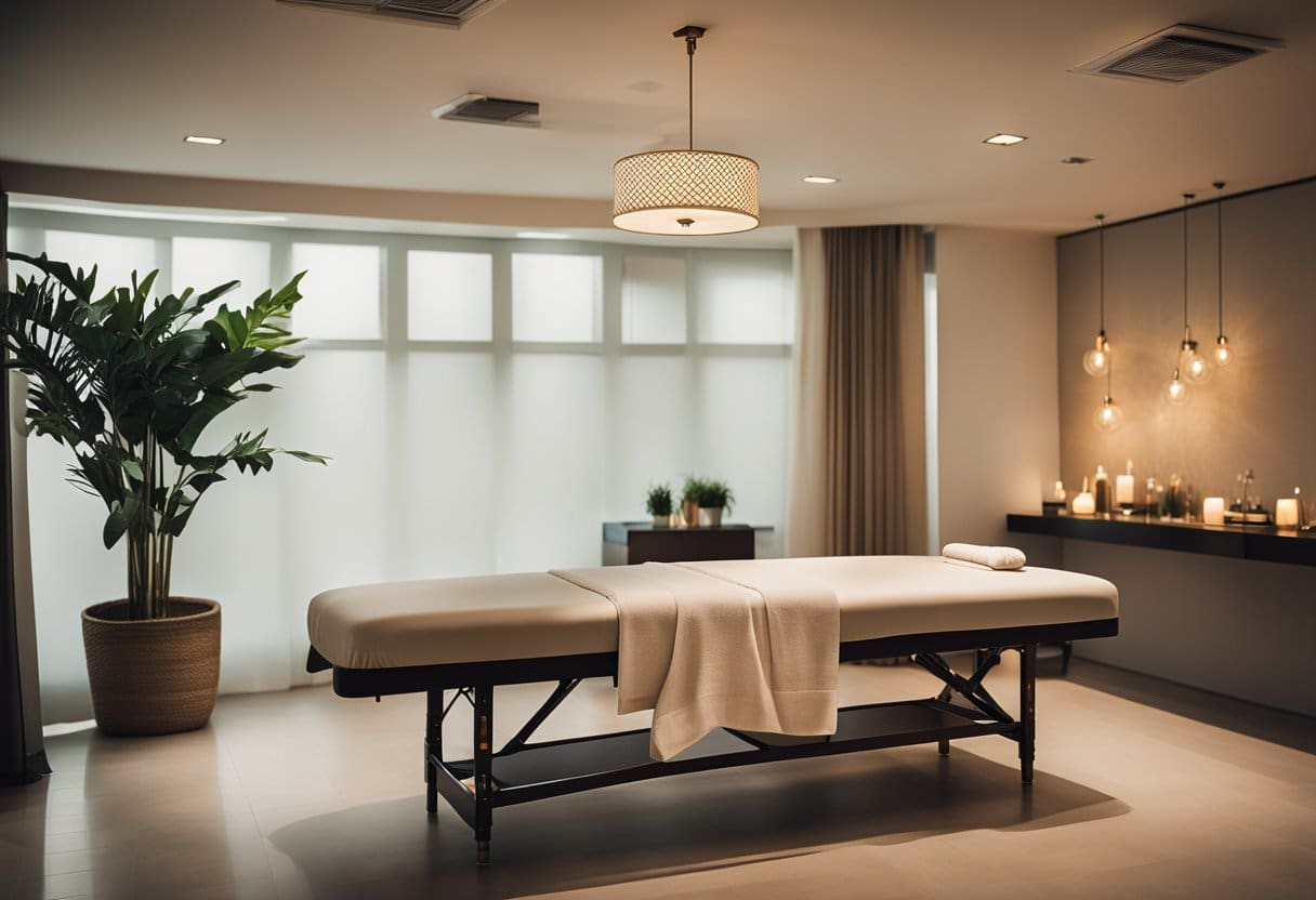 A serene massage room with a comfortable table, soft lighting, and soothing decor. A professional RMT stands ready to provide a relaxing and therapeutic massage experience