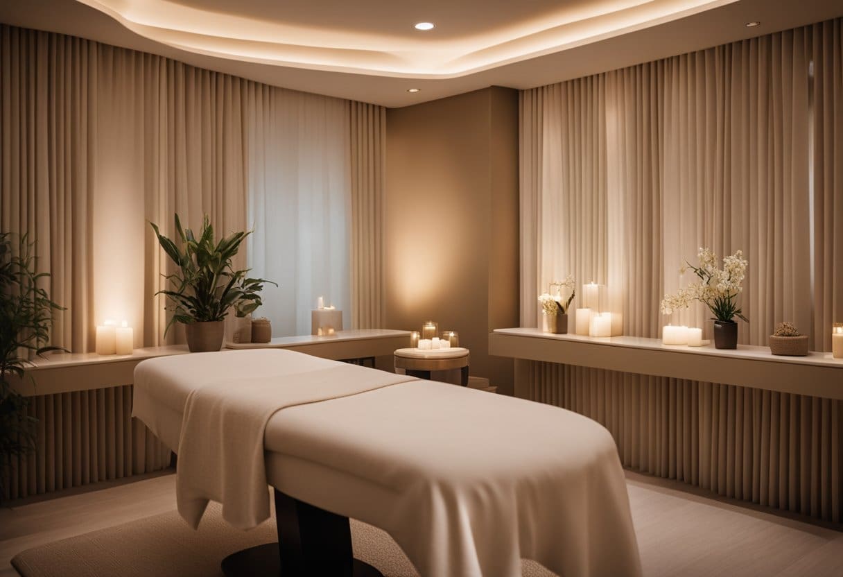 A serene massage room with soft lighting, a comfortable massage table, and soothing decor, creating a peaceful and inviting atmosphere for relaxation and wellness